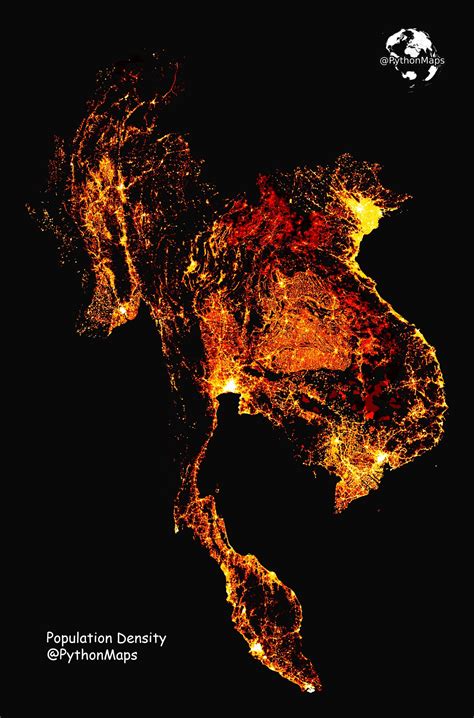 Python Maps on Twitter: "Population density of South East Asia. In dark ...