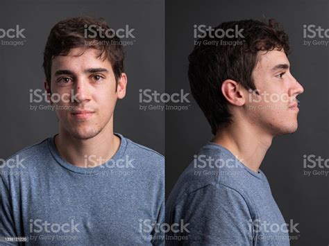 Serious Young Man Front And Profile Mugshots Stock Photo - Download ...