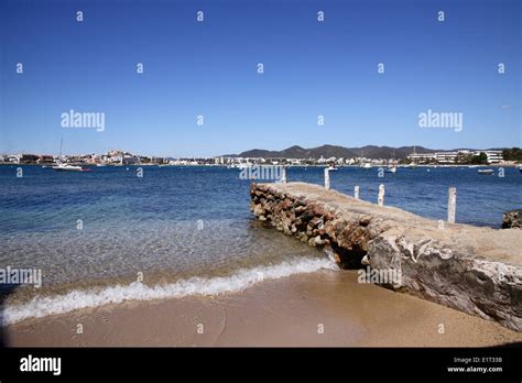 View of Talamanca Beach, Ibiza Town in the background, Ibiza, Spain ...