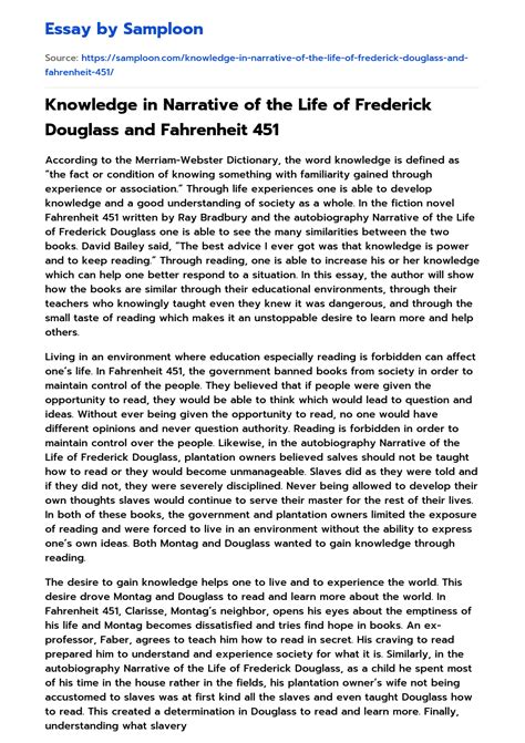 ≫ Knowledge in Narrative of the Life of Frederick Douglass and Fahrenheit 451 Free Essay Sample ...