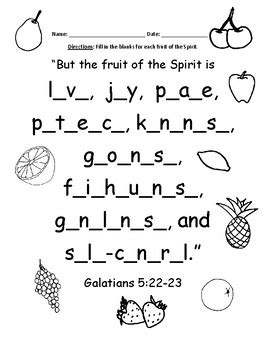 Fruit of the Spirit Bible Verse Worksheet - Fill in the blanks | TpT