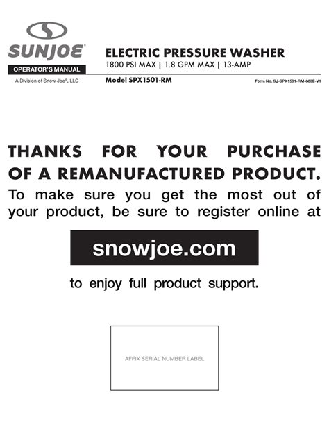 SNOWJOE SUNJOE SPX1501-RM OPERATOR'S MANUAL Pdf Download | ManualsLib