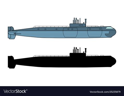 Detailed submarine and black silhouette side view Vector Image