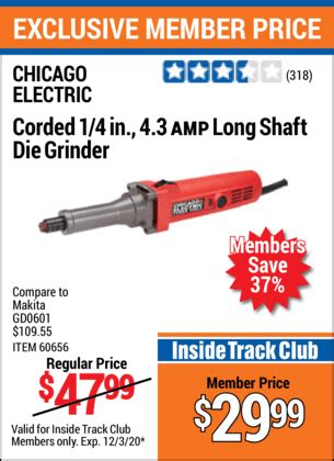 CHICAGO ELECTRIC Corded 1/4 in. 4.3 Amp Long Shaft Die Grinder for $29. ...