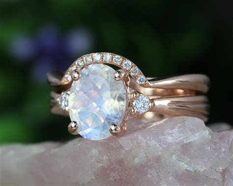 Oval Moonstone Wedding Ring Set, Antique Rainbow Engagement Ring Bridal ...