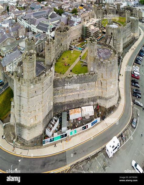 Aerial view of the ancient Caernarfon Castle in North Wales Stock Photo ...