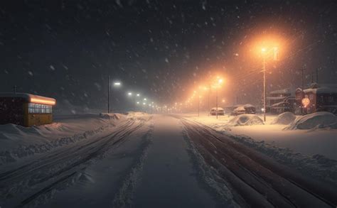 Premium Photo | A snowy road with a car driving on the road and a light on the street winter ...