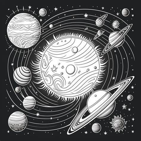 Premium AI Image | a black and white drawing of planets and sun in the ...