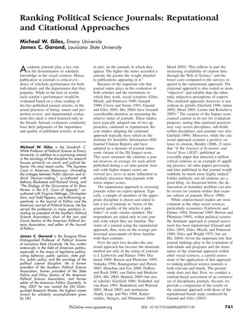 (PDF) Ranking Political Science Journals: Reputational and Citational ...