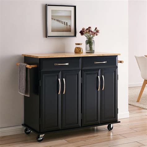 BELLEZE Large Rolling Kitchen Cart with 2 Drawers, 2 Cabinets & 2 Towel Racks, with Wood Top ...