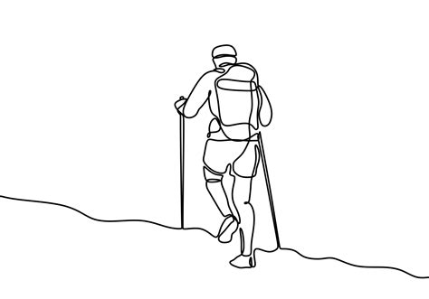 One line drawing of hiker with backpack. Continuous hand drawn person ...