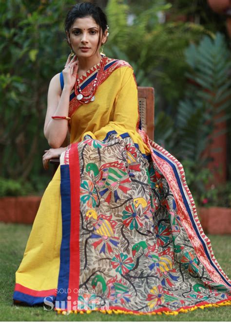 Handloom cotton saree with intricate hand painted madhubani pallu – Sujatra | Saree, Indian ...