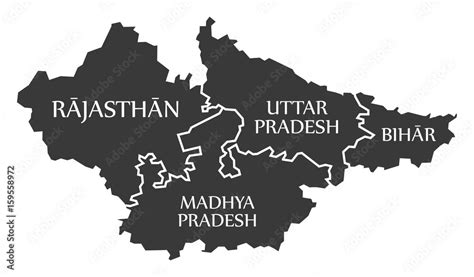 Rajasthan - Madhya Pradesh - Uttar Pradesh - Bihar Map Illustration of ...