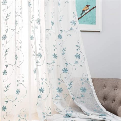 Amazon.com: Floral Embroidery Sheer Curtains Blue 63 Inches, Rod Pocket ...