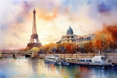 Premium AI Image | paris in watercolor painting in the style of golden light