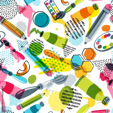 Art materials for craft design and creativity. Vector doodle seamless pattern. Creative ...