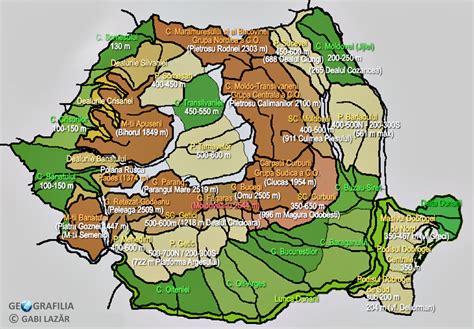 GEOGRAFILIA: România. Harta unităților de relief (cu altitudinile medii și maxime)