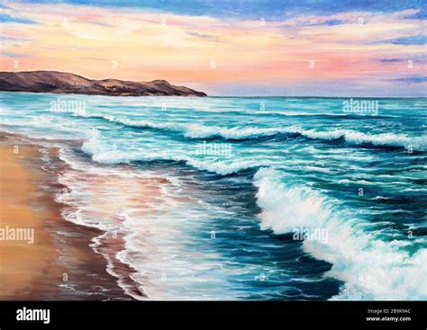 Original oil painting of beautiful sunset over ocean beach on canvas.Modern Impressionism ...