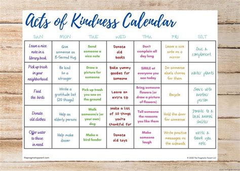 Kids's Acts of Kindness Calendar, Kindness Calendar, Random Acts of ...