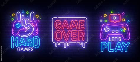 Big set neon sing. Game room label and logo. Gamer banner, emblem and ...