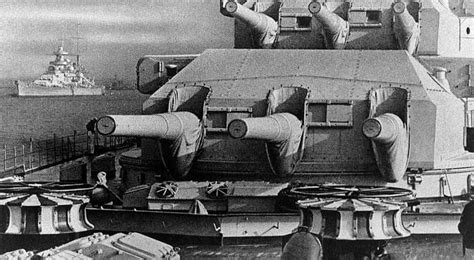 Close-up of German battleship Gneisenau's forward 280mm gun turrets; Scharnhorst seen in ...