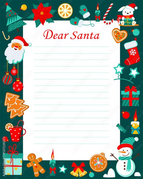 Letter to Santa Claus template with Christmas characters. Christmas wish list. Dear Santa ...