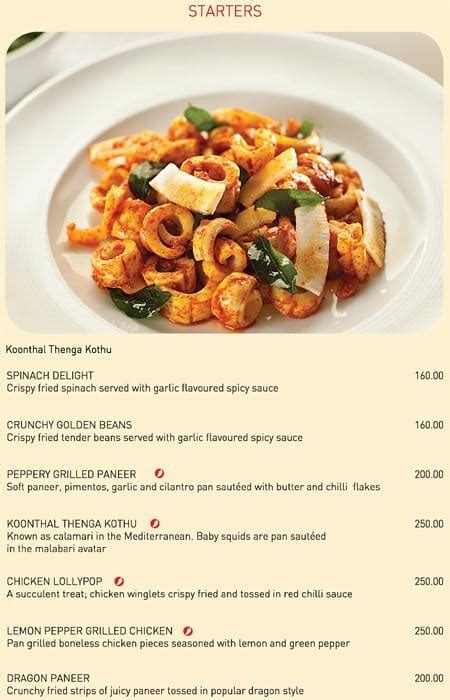 Menu of Paragon, Edappally, Kochi