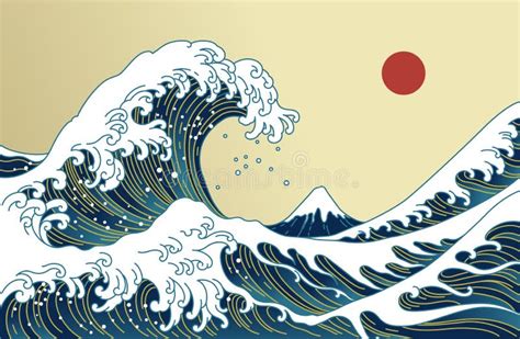 Japan Great Wave Vector Illustration. Golden Line. Stock Vector ...