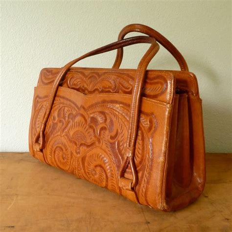 vintage hand tooled leather handbag