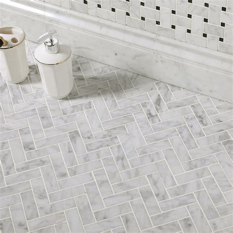 Herringbone White Bianco Carrara Marble Mosaic Tile - Diflart