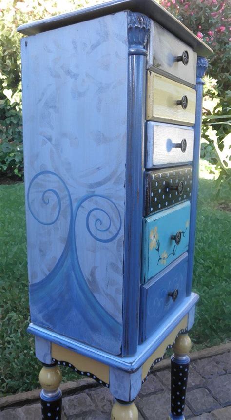 Jewelry Armoire, BEACHY BLUES painted Florence blue, sunny yellow, metallic silver, black and a ...