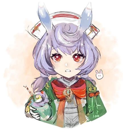 an anime character with purple hair and red eyes, holding a green object in her hand