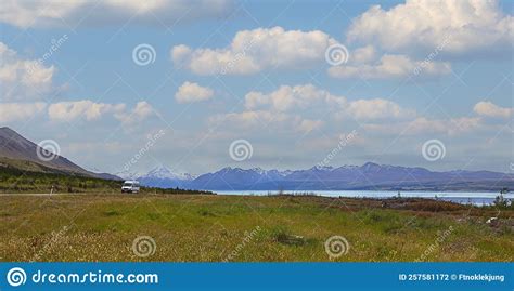 Travel Trip on the Road with Aoraki Mount Cook As Pukaki Lake in Spring Season Background Stock ...