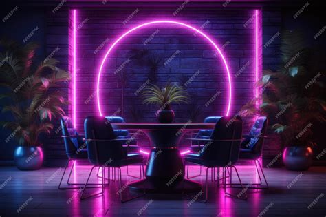 Premium AI Image | Interior of a room with a round dining table with neon purple lighting ...