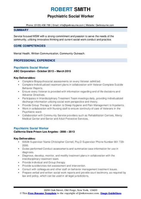 Psychiatric Social Worker Resume Samples | QwikResume