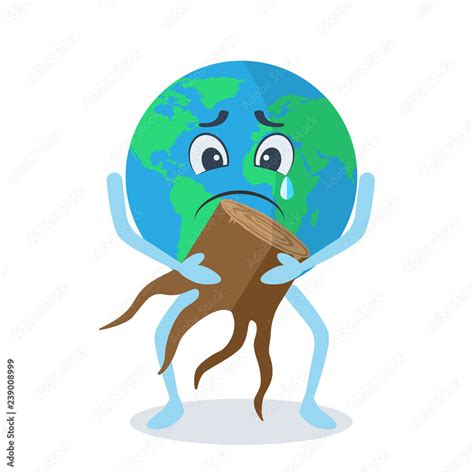 Deforestation problem concept. Earth sad character holds stump in flat ...