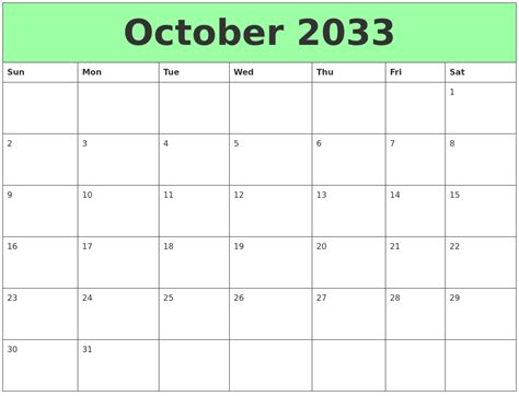 October 2033 Printable Calendars