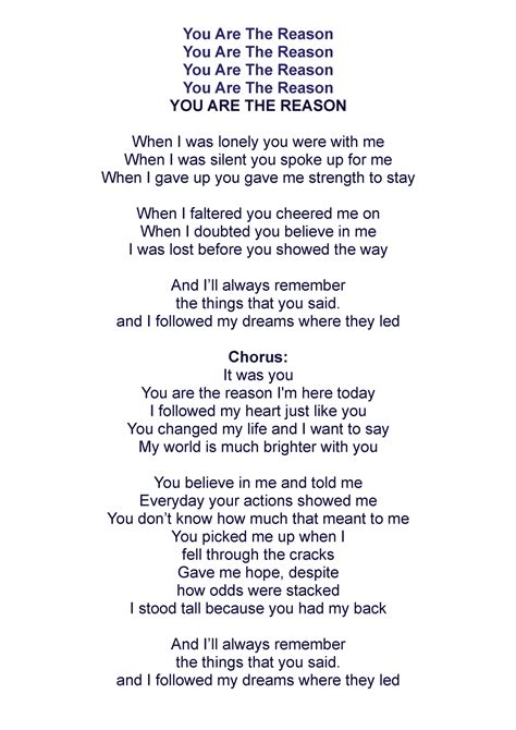 You Are The Reason - Lyrics - You Are The Reason You Are The Reason You ...