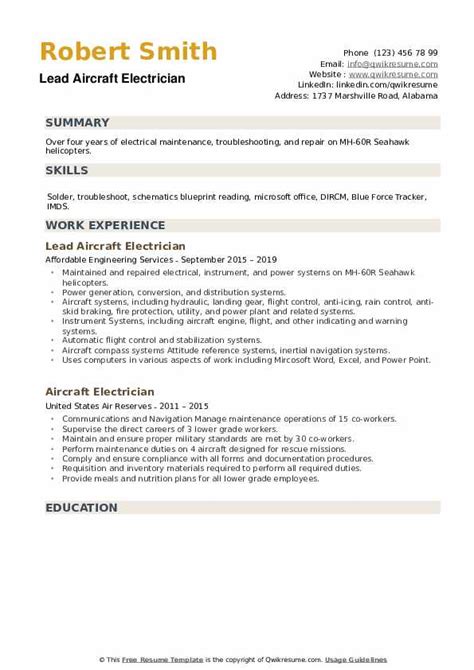 Aircraft Electrician Resume Samples | QwikResume