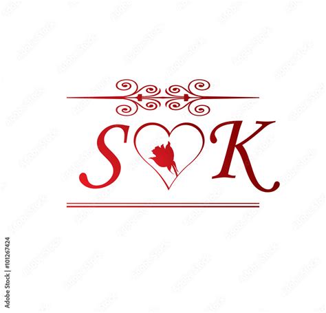 SK love initial with red heart and rose Stock Vector | Adobe Stock