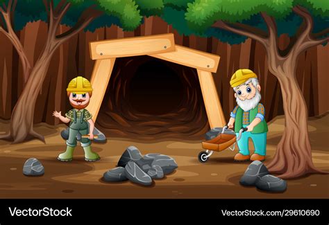 Cartoon mine entrance with gold miner worker Vector Image