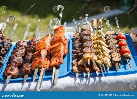 Shish kebab on skewers stock image. Image of barbecue - 141952383