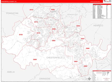 Chesterfield County, VA Zip Code Wall Map Red Line Style by MarketMAPS - MapSales