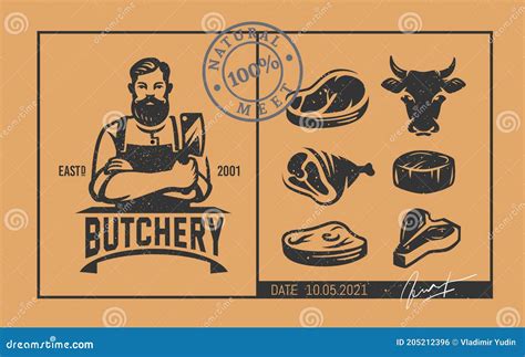 Butcher Logo with Icons in Vintage Style Stock Vector - Illustration of ...