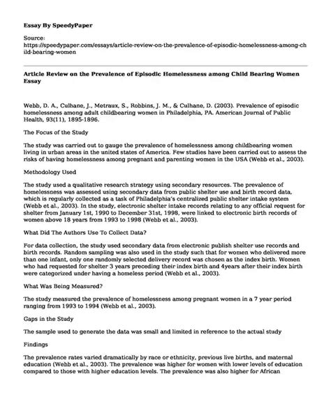 📌 Article Review on the Prevalence of Episodic Homelessness among Child Bearing Women ...