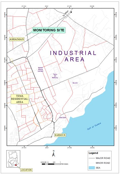 Map showing the monitoring site at Ashaiman and the locations of major ...