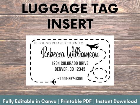 Editable Luggage Tag Insert Travel Tag Insert Suitcase Tag - Etsy