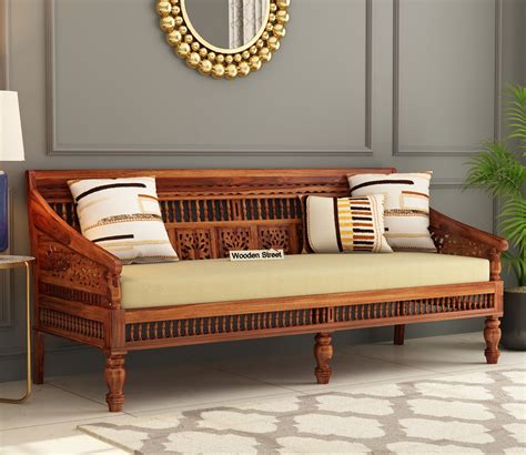 Buy Alanis 3 Seater Wooden Sofa (Honey Finish) Online in India at Best Price - Modern Wooden ...