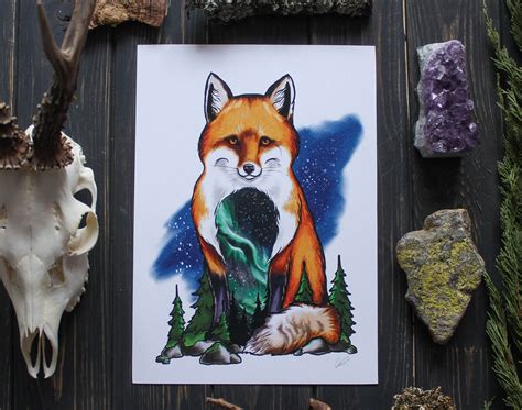 Fox Northern Lights Poster Aurora Borealis Art Fox Totem | Etsy