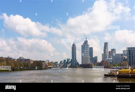 The London (UK) skyline as seen from Battersea power station: The Tower and to the left ...